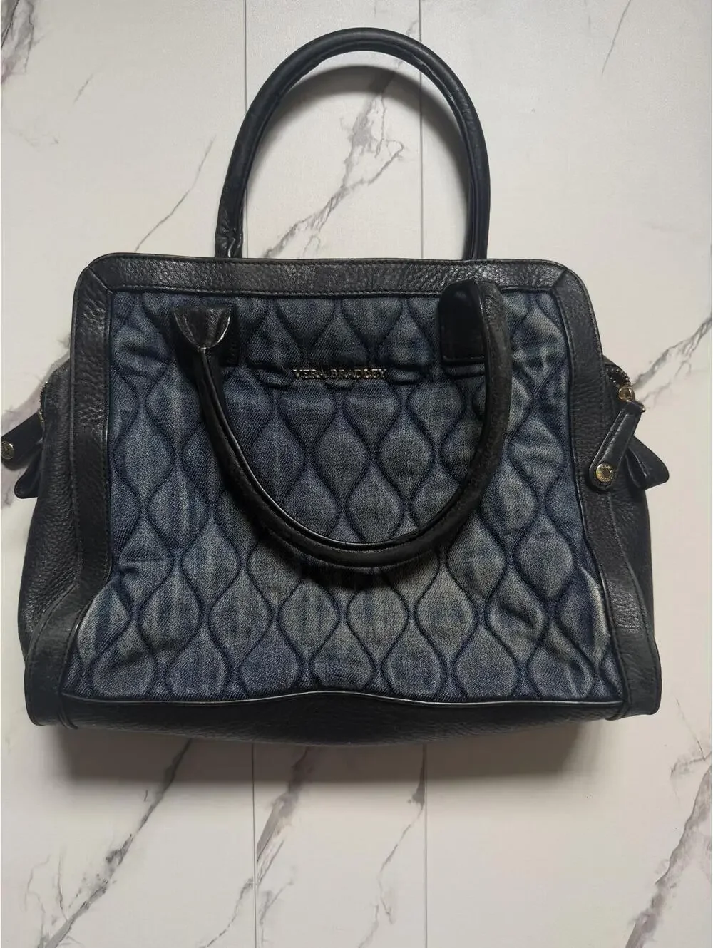 Vera Bradley Denim‎ Quilted Satchel Black Leather Trim Shoulder Bag
